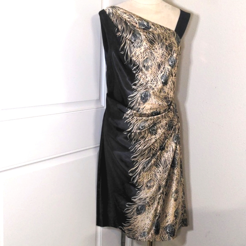London Times women's dress off shoulder black gold peacock print sz 10